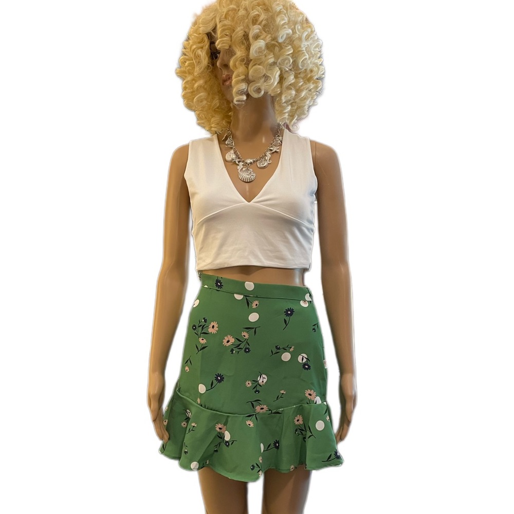 Beautiful Green Floral Ruffle Hem Skirt